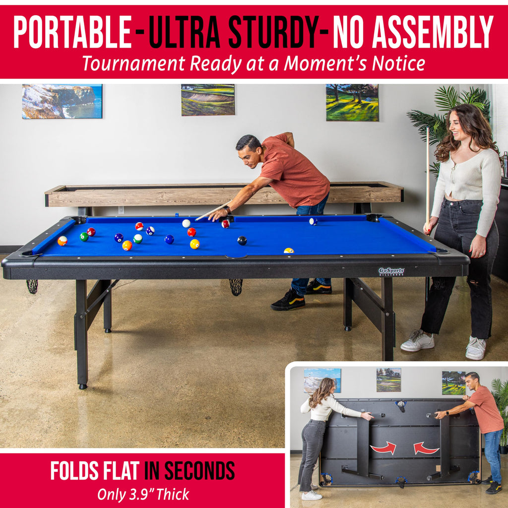 GoSports 6, 7, or 8 ft Portable Billiards Tables - No Assembly, Includes Set of Balls, 2 Cue Sticks, Chalk, Felt Brush