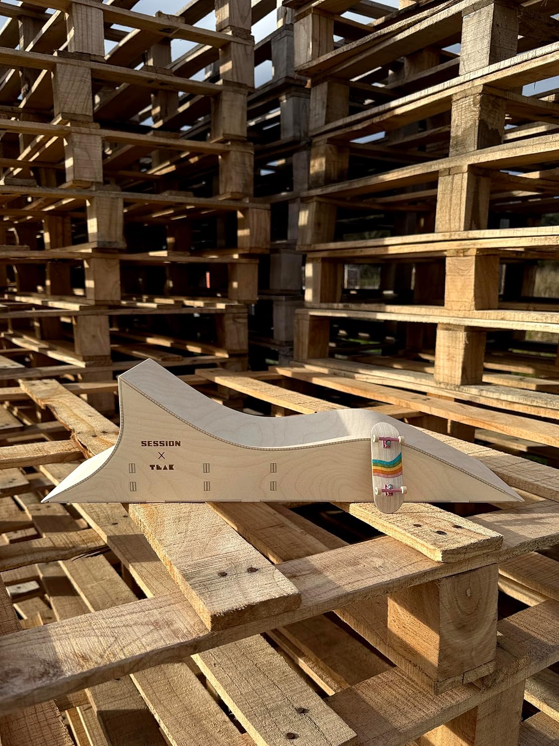 Teak Tuning x Session Fingerboard Quarter Pipe + Mellow Wave Ramp -The Shark - with Roller Coaster Ramp Section and Wall Ride - 20 inch Long - Hand Made in USA