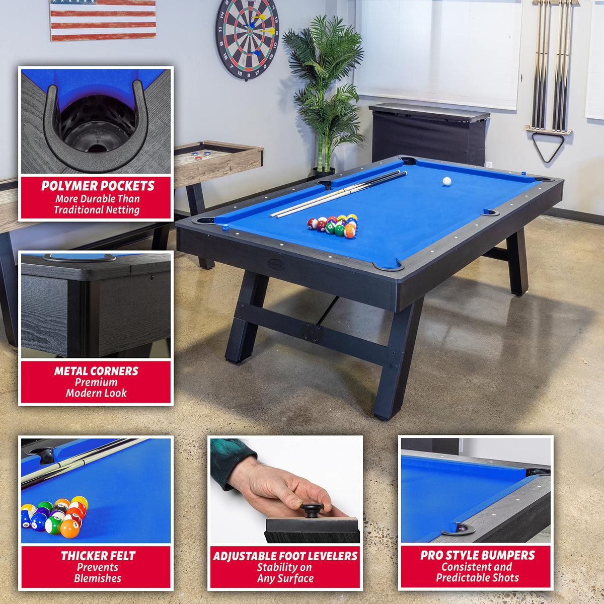 GoSports 8 ft Pool Tables with Wood Finish - Choose Your Style - Modern Billiards Table with 2 Cue Sticks, Balls, Rack, Felt Brush and Chalk