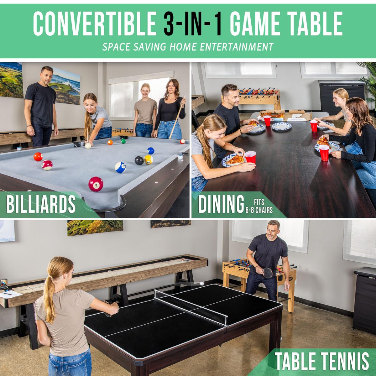 GoSports 3 in 1 Pool, Dining, & Table Tennis Combo Table and Storage Benches - 7 ft or 8 ft - Convertible Billiards and Table Tennis with Accessories