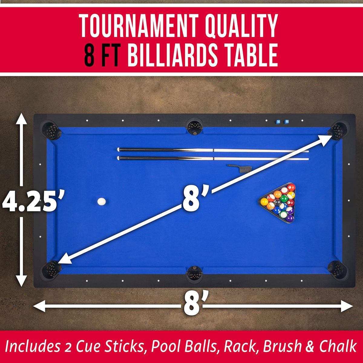 GoSports 8 ft Pool Tables with Wood Finish - Choose Your Style - Modern Billiards Table with 2 Cue Sticks, Balls, Rack, Felt Brush and Chalk