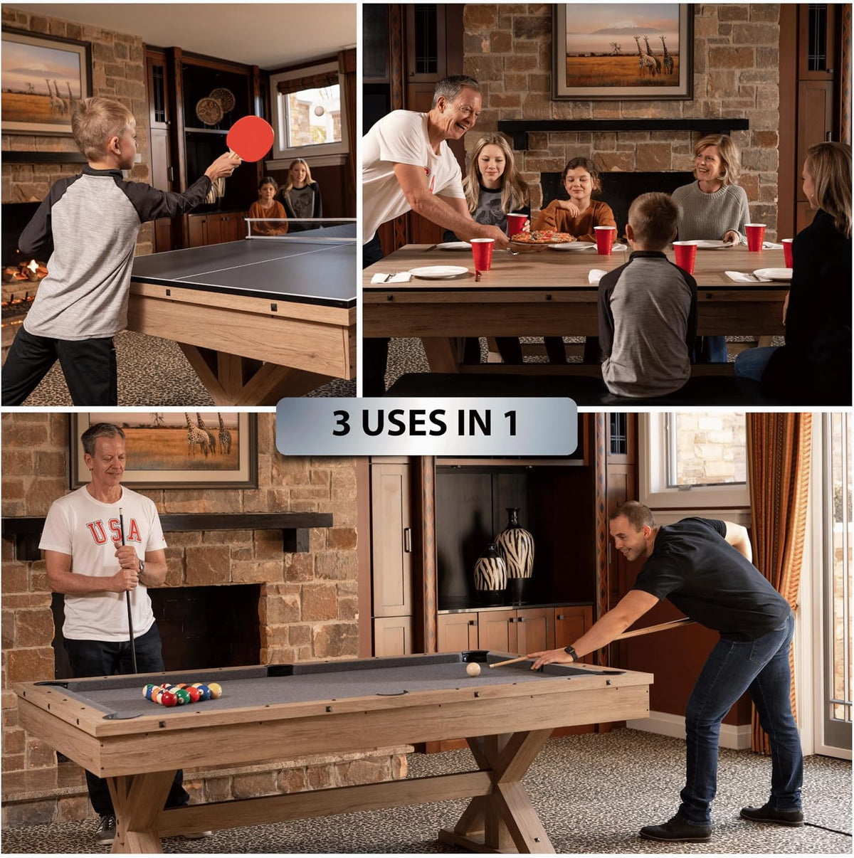 7-Foot 3-in-1 Multi-Game Pool Table, Table Tennis, Dining Top, with Benches