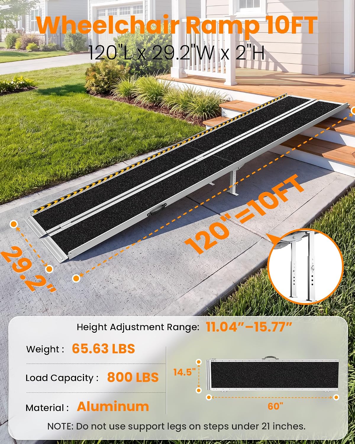 gardhom 10FT Aluminum Ramp for Wheelchair for Home Steps with Support Legs