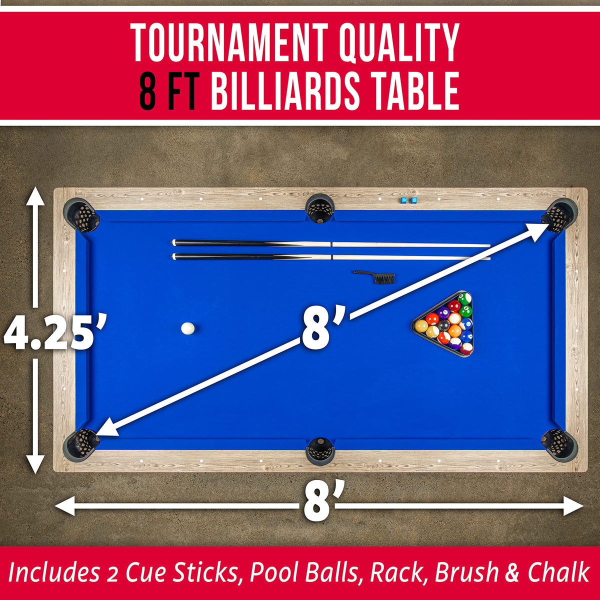 GoSports 8 ft Pool Tables with Wood Finish - Choose Your Style - Modern Billiards Table with 2 Cue Sticks, Balls, Rack, Felt Brush and Chalk