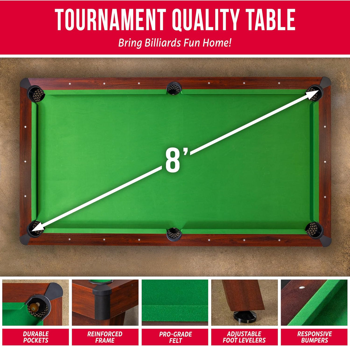 GoSports 7 and 8 ft Pool Tables with Wood Finish - Gray, Black, or Green Felt - Accessories Not Included