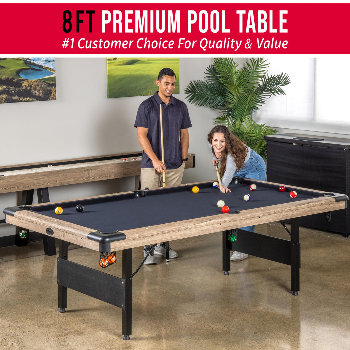 GoSports 6, 7, or 8 ft Portable Billiards Tables - No Assembly, Includes Set of Balls, 2 Cue Sticks, Chalk, Felt Brush