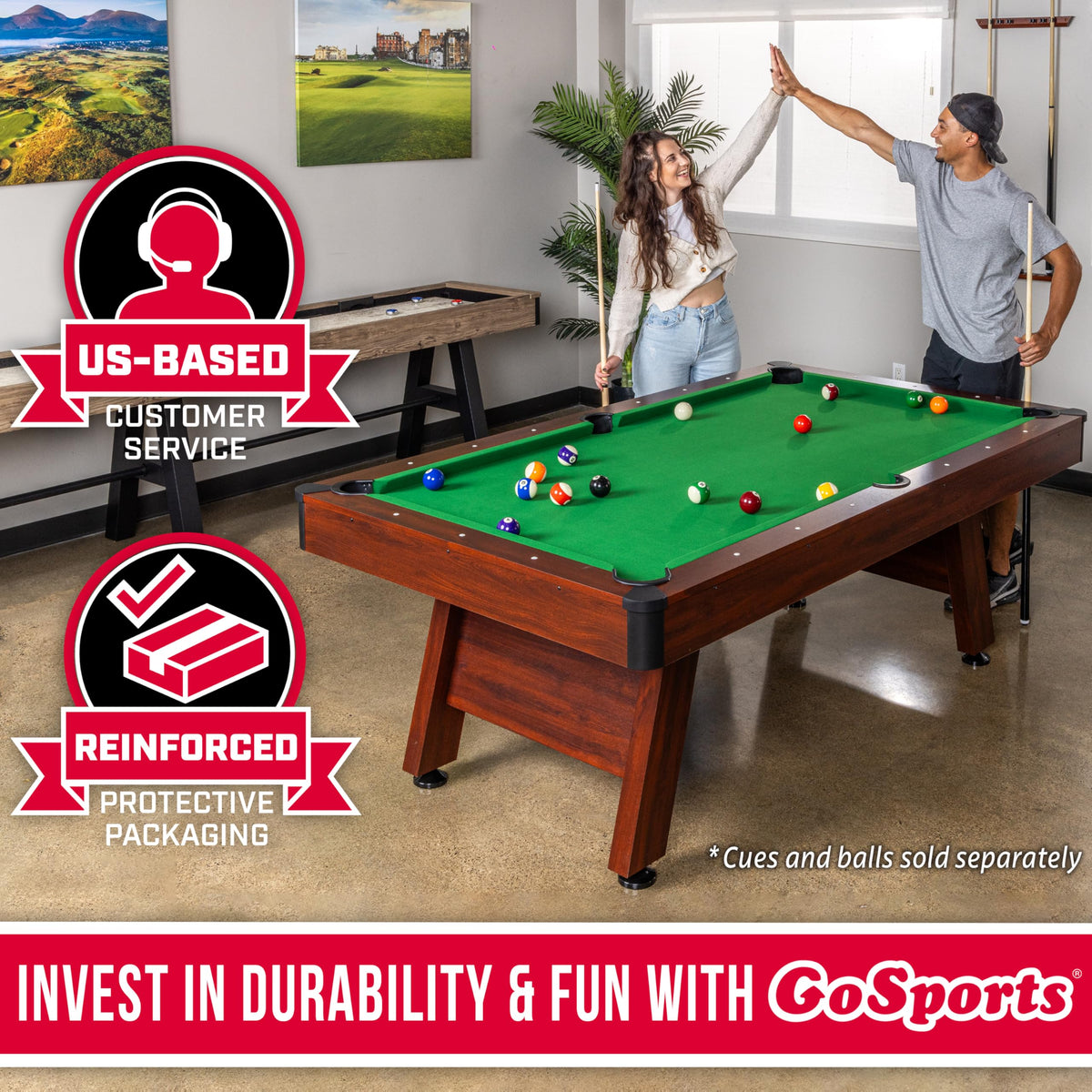 GoSports 7 and 8 ft Pool Tables with Wood Finish - Gray, Black, or Green Felt - Accessories Not Included