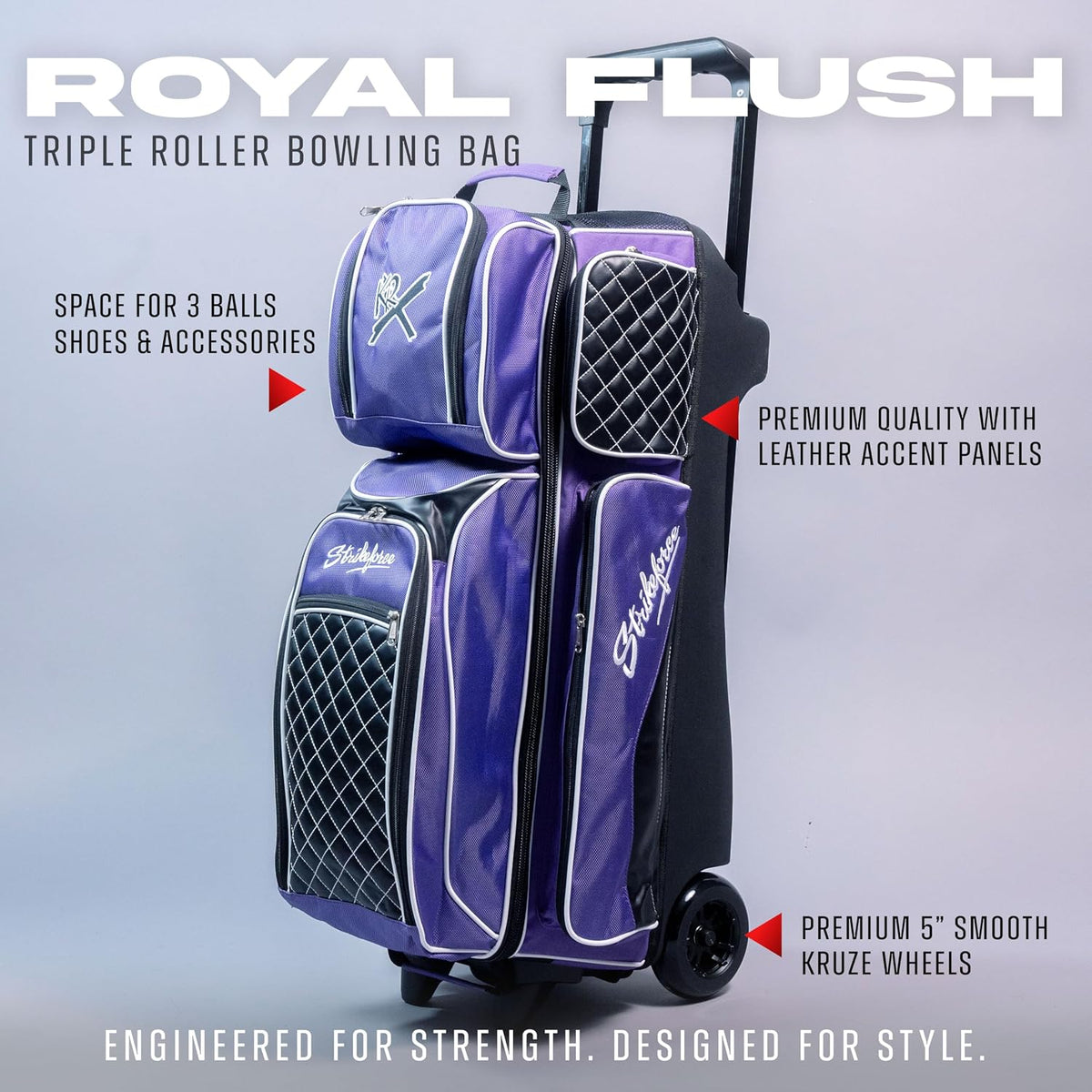 KR Strikeforce Royal Flush Triple Roller Bowling Bag for Three Bowling Balls, Shoes & Accessories