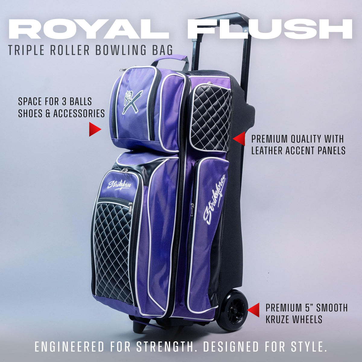 KR Strikeforce Royal Flush Triple Roller Bowling Bag for Three Bowling Balls, Shoes & Accessories