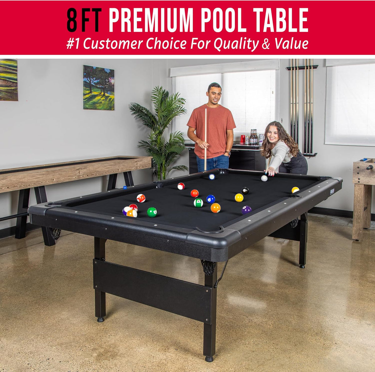 GoSports 6, 7, or 8 ft Portable Billiards Tables - No Assembly, Includes Set of Balls, 2 Cue Sticks, Chalk, Felt Brush