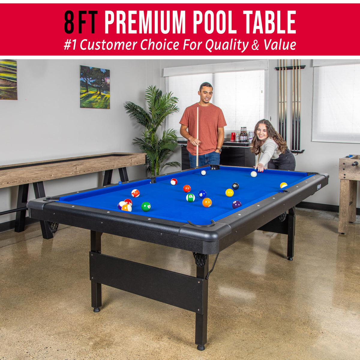 GoSports 6, 7, or 8 ft Portable Billiards Tables - No Assembly, Includes Set of Balls, 2 Cue Sticks, Chalk, Felt Brush