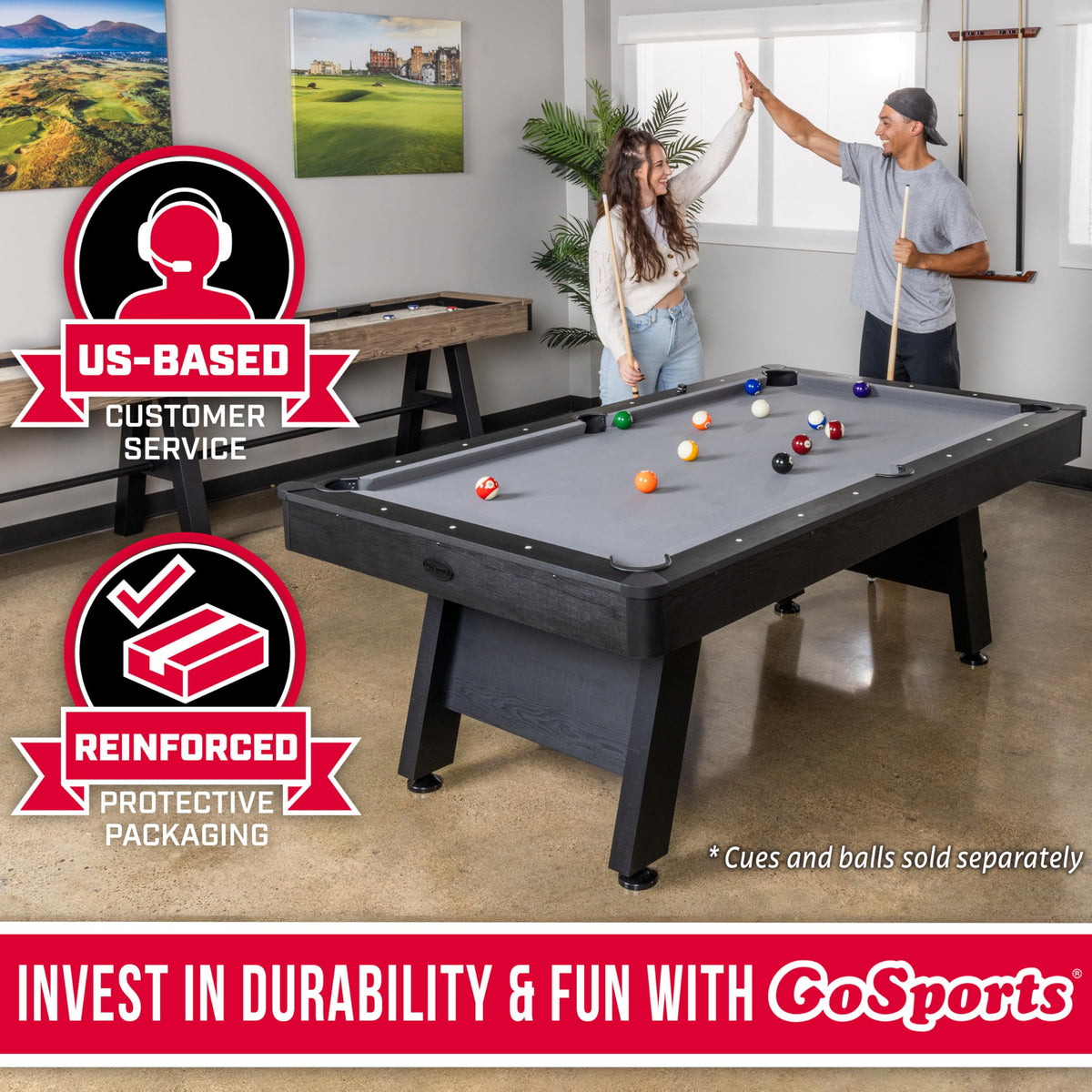 GoSports 7 and 8 ft Pool Tables with Wood Finish - Gray, Black, or Green Felt - Accessories Not Included