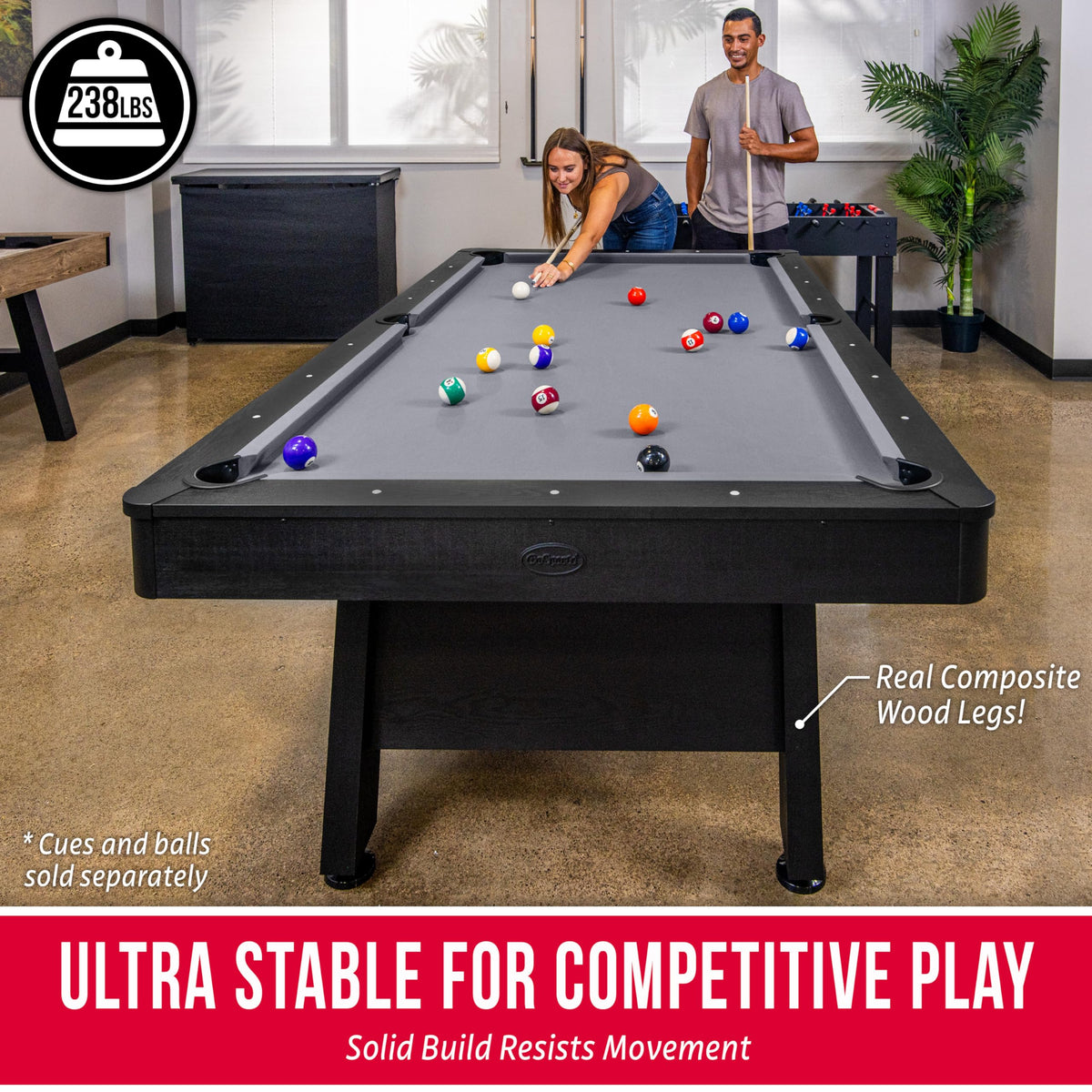 GoSports 7 and 8 ft Pool Tables with Wood Finish - Gray, Black, or Green Felt - Accessories Not Included