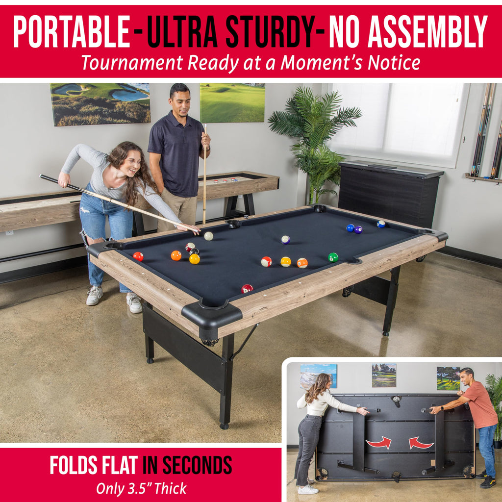 GoSports 6, 7, or 8 ft Portable Billiards Tables - No Assembly, Includes Set of Balls, 2 Cue Sticks, Chalk, Felt Brush