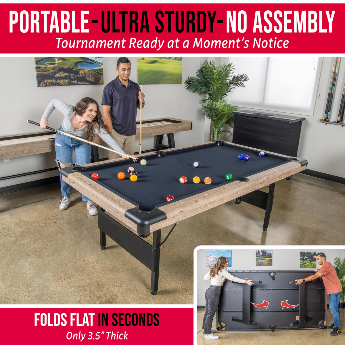 GoSports 6, 7, or 8 ft Portable Billiards Tables - No Assembly, Includes Set of Balls, 2 Cue Sticks, Chalk, Felt Brush