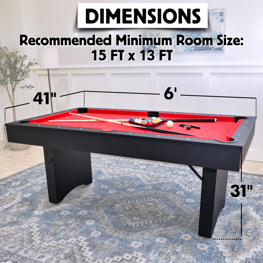 Freetime Fun 6 FT Pool Table, No Assembly, Portable, Includes Billiard Tables Accessories- 2 Pool Cues, Set of Balls, Triangle, Pool Table Brush, Chalk