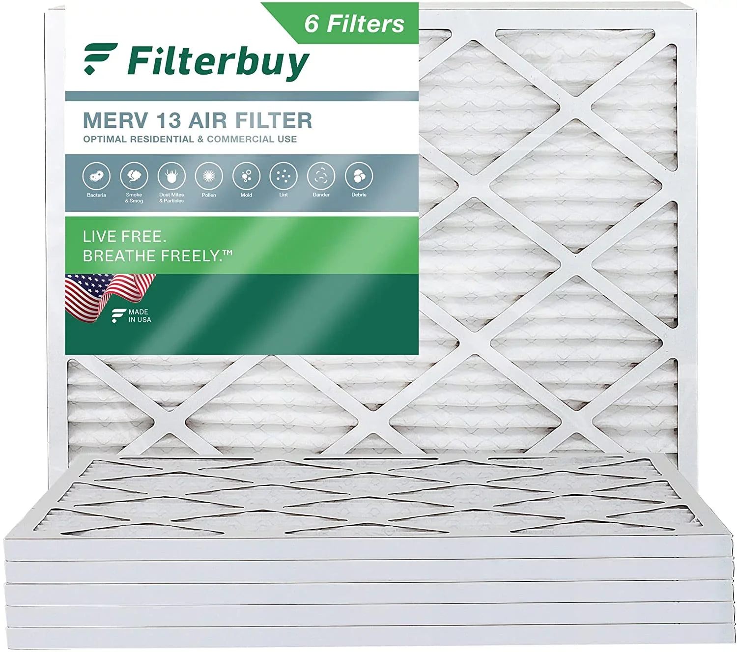 Filterbuy 16x21x1 MERV 13 Pleated HVAC AC Furnace Air Filters (6-Pack)