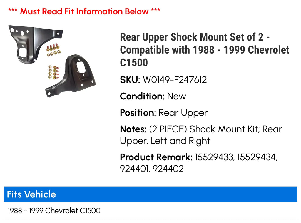 Rear Upper Shock Mount Set of 2 - Compatible with 1988 - 1999 Chevy C1500 1989 1990 1991 1992 1993 1994 1995 1996 1997 1998
