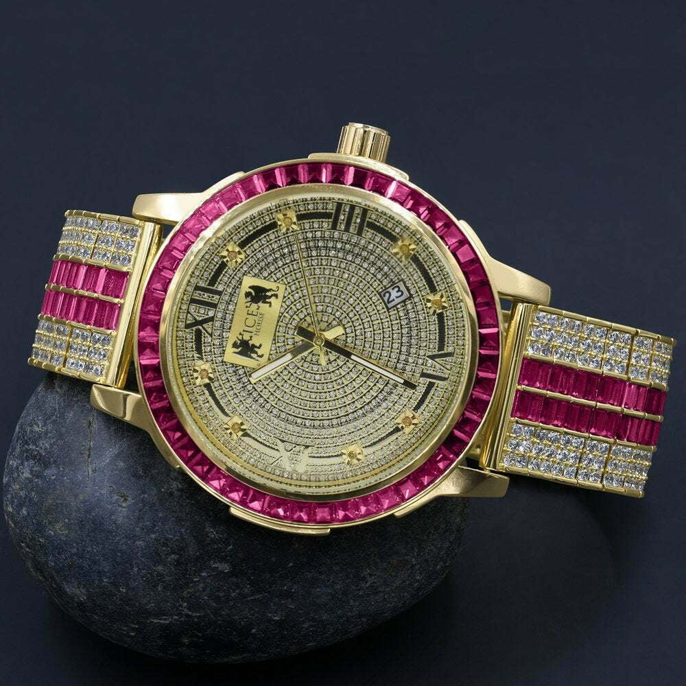 Pink Tourmaline Mens Real Diamond Dial Stainless Steel Custom Bezel Gold Tone Watch