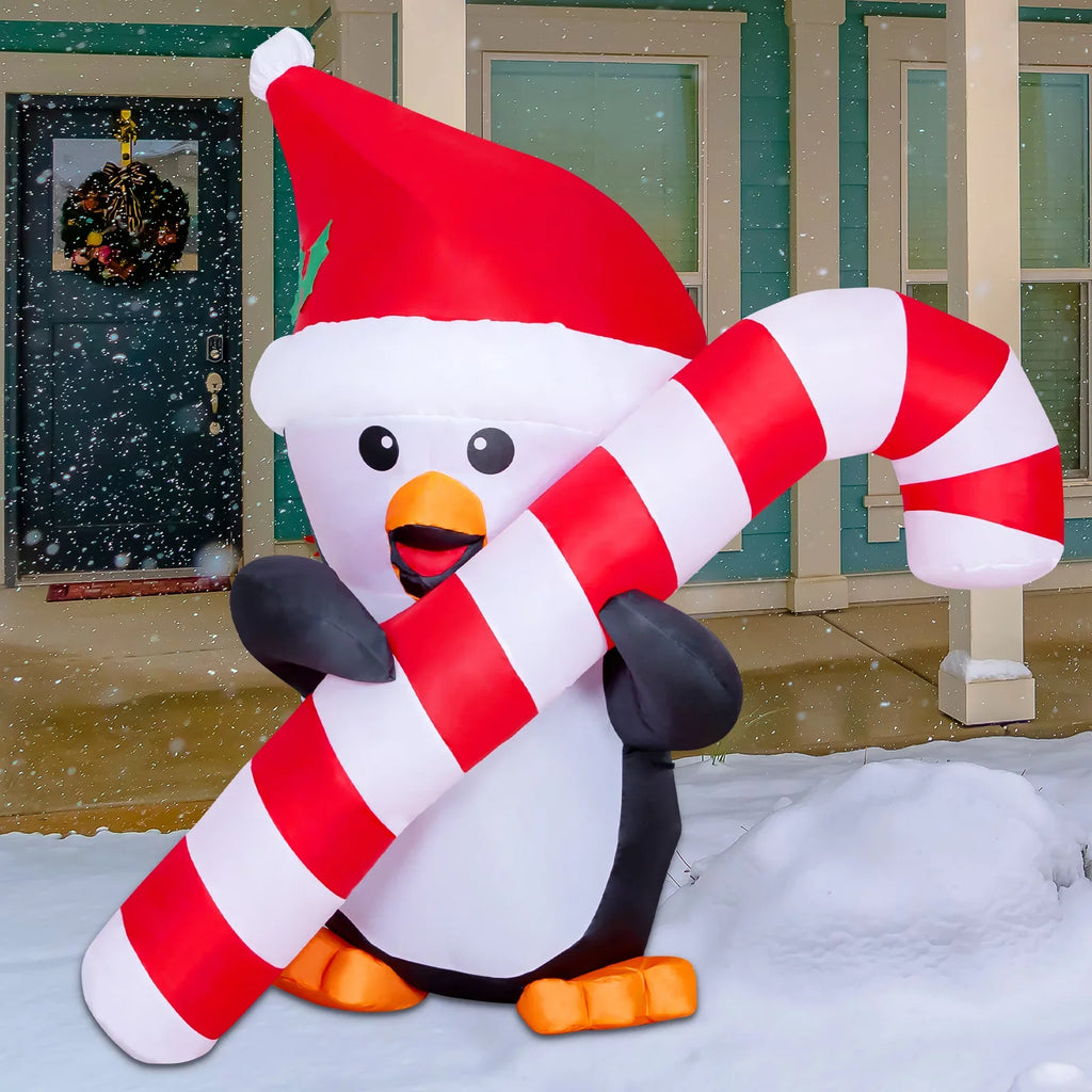 GOOSH 5ft Christmas Inflatables Outdoor Decorations, Blow Up Penguin with Candy Cane Inflatable Built-in LEDs for Christmas Indoor Outdoor Yard Lawn Garden Decorations