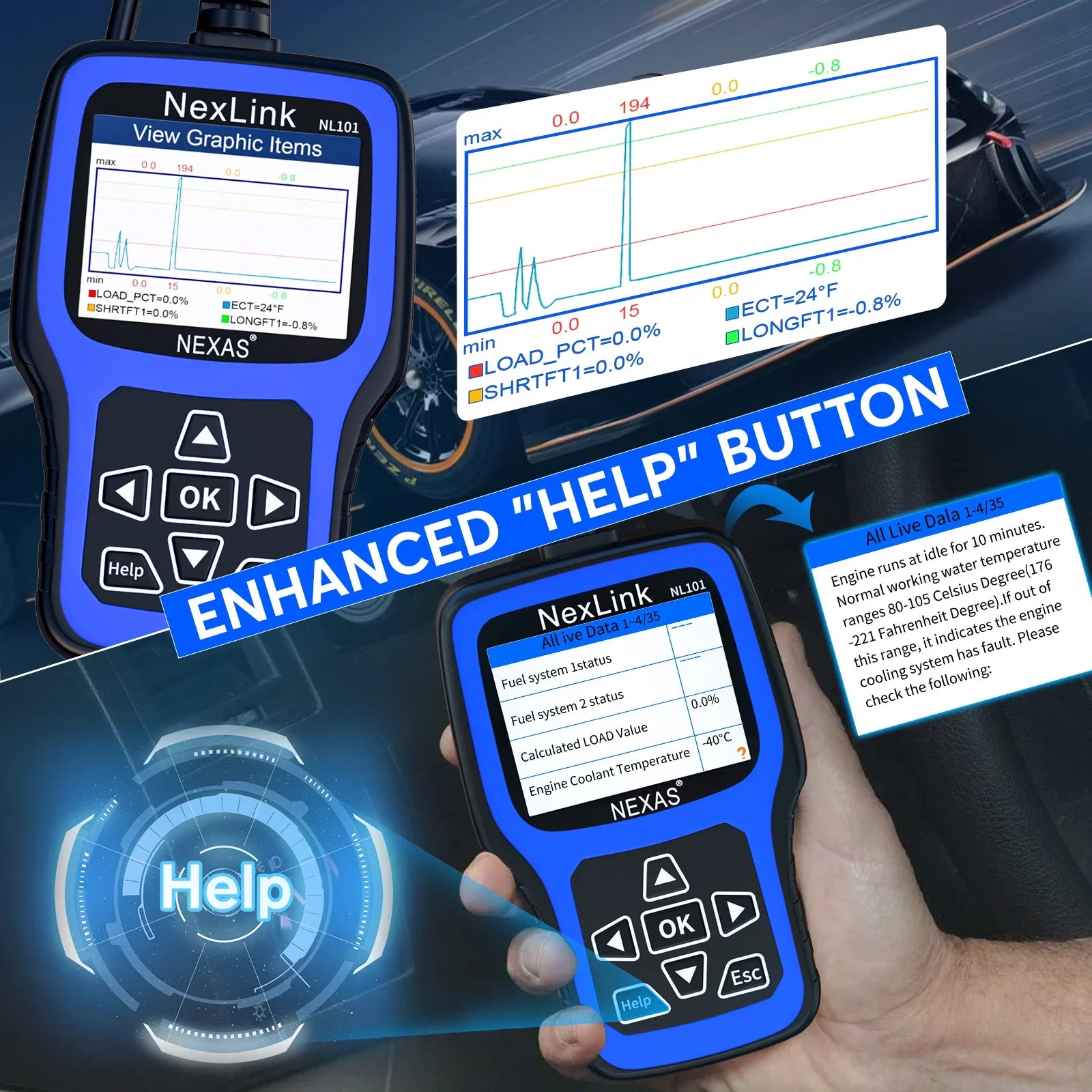 NEXAS NL101 OBD2 Scanner Check Engine Light Car Battery Tester Car Scanner Auto Code Reader Full OBDII Functions Check Engine Read Clear Codes Automotive Scanner OBDII Diagnostic Tool