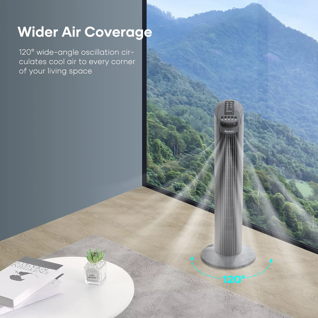 MaxKare 30" Tower Fan 120° Oscillating Fan 60dB Quiet Cooling Fan with Remote Control 3 Speeds 3 Wind Modes Timer for Bedroom, Dark Gray
