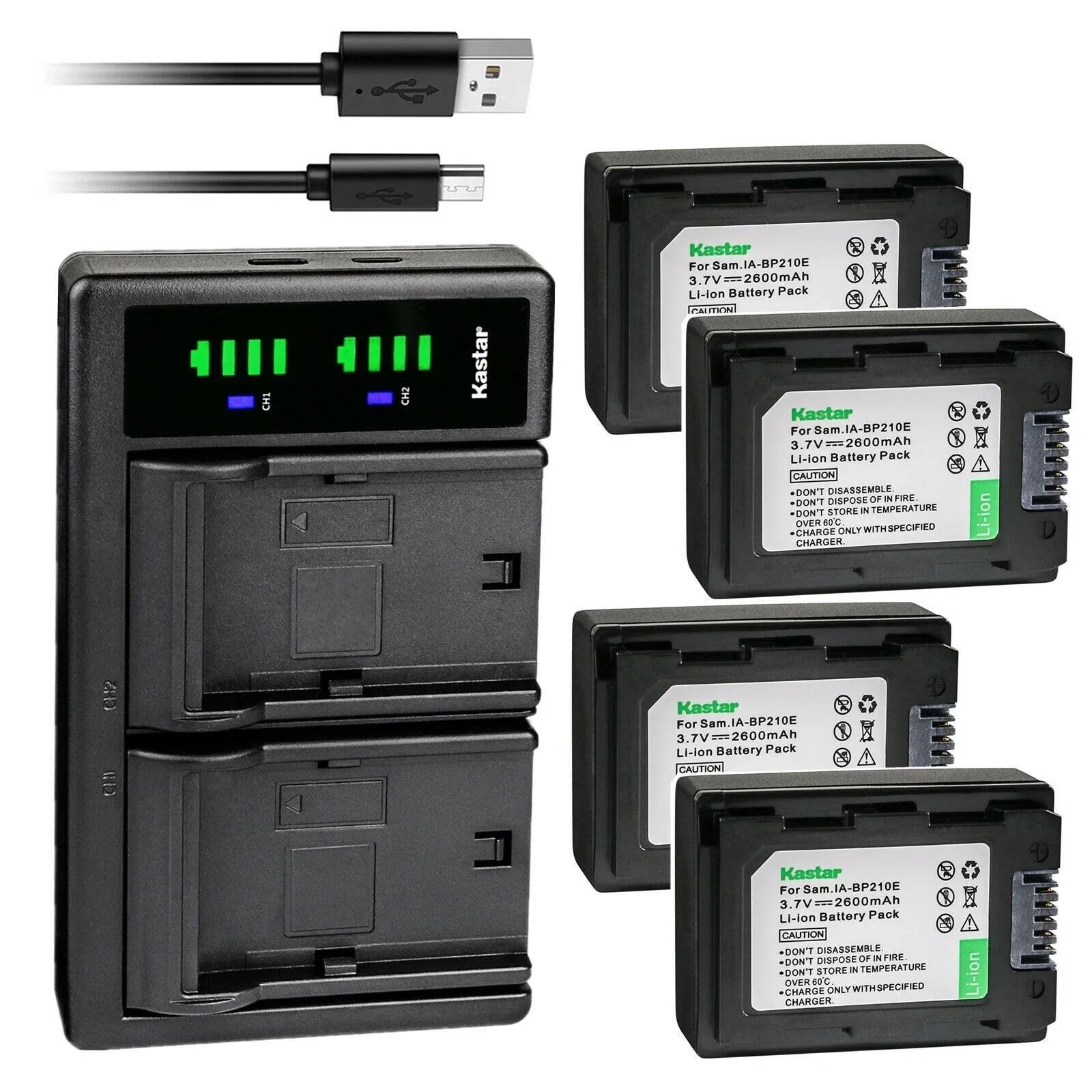 Kastar 4-Pack IA-BP210E Battery and LTD2 USB Charger Replacement for Samsung HMX-F900, HMX-F910, HMX-F920, HMX-H200, HMX-H200BP, HMX-H203, HMX-H203BN, HMX-H204, HMX-H204BN, HMX-H205, HMX-H205BN