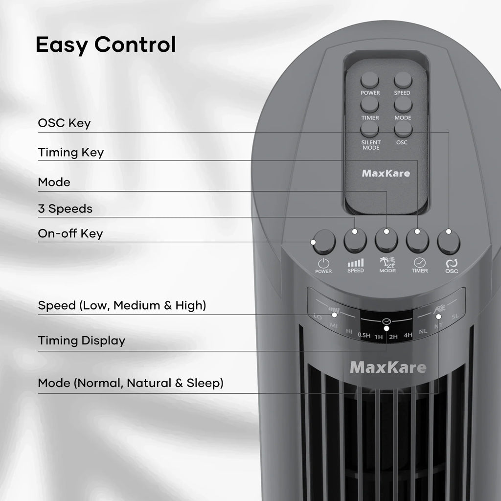 MaxKare 30" Tower Fan 120° Oscillating Fan 60dB Quiet Cooling Fan with Remote Control 3 Speeds 3 Wind Modes Timer for Bedroom, Dark Gray