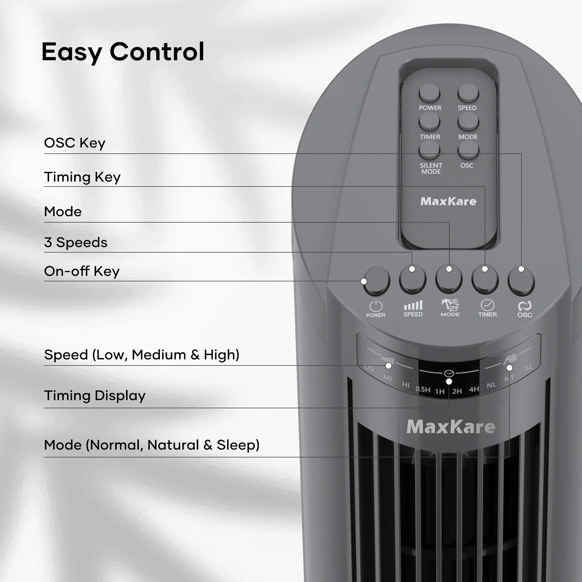 MaxKare 30" Tower Fan 120° Oscillating Fan 60dB Quiet Cooling Fan with Remote Control 3 Speeds 3 Wind Modes Timer for Bedroom, Dark Gray
