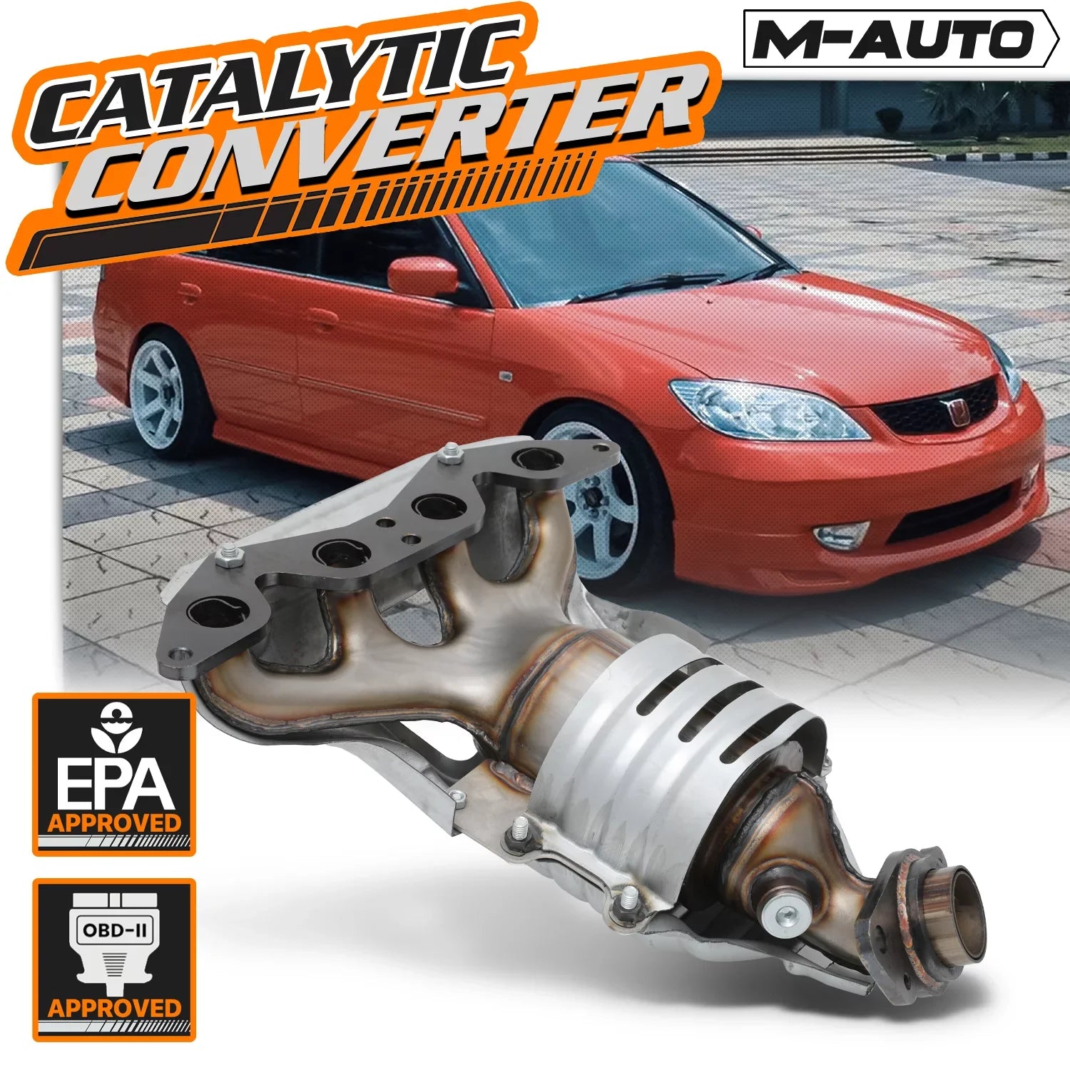 M-AUTO Catalytic Converter Exhaust Manifold with Heat Shield For 2001-2005 Honda Civic, Fits CX DX HX LX VX Models with 1.7L Engine