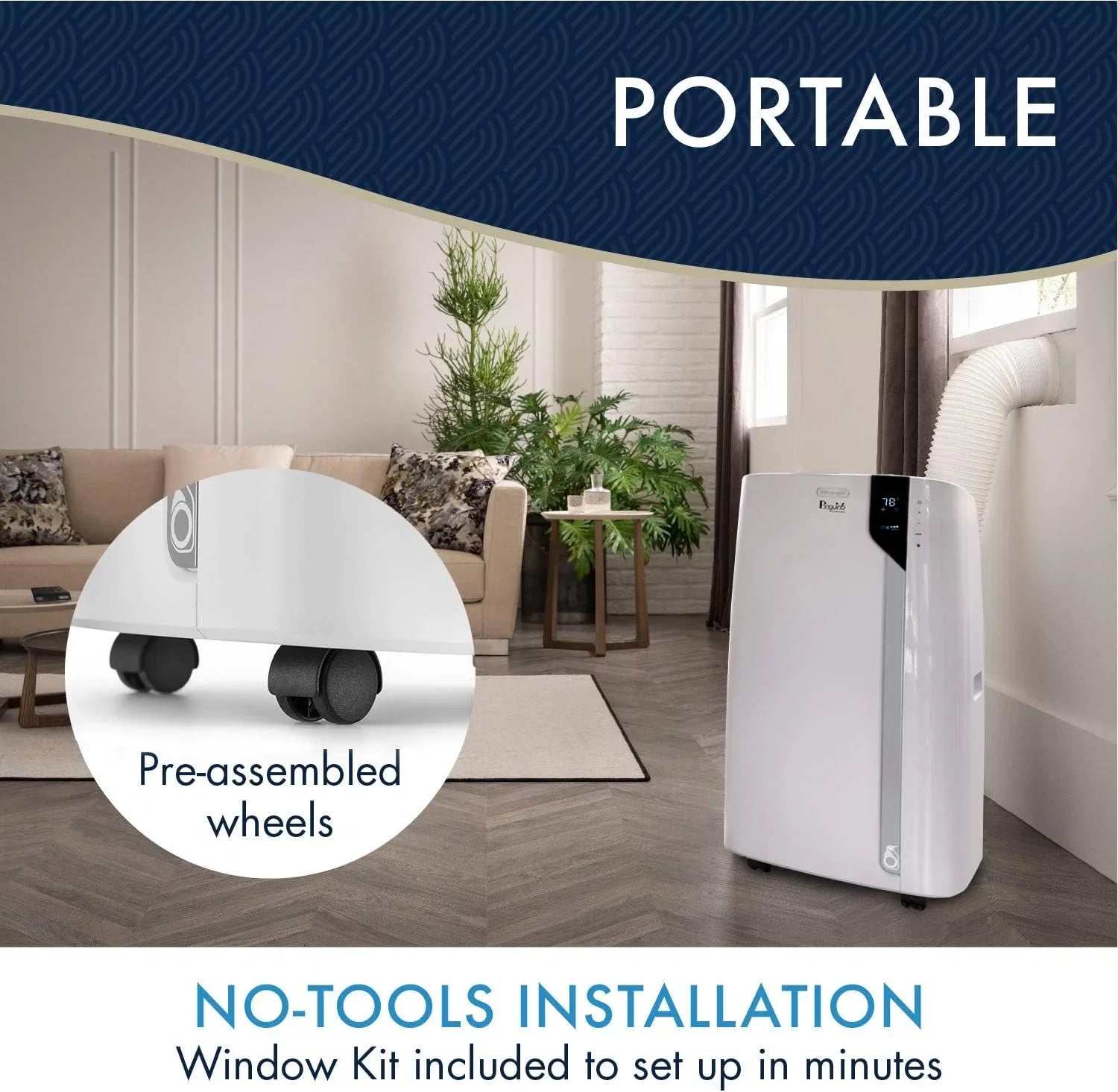 DeLonghi PACEX360LVYN WH Pinguino Portable Air Conditioner, White White 12,000 BTU, Bluetooth remote, 500 Sq Ft Conditioner