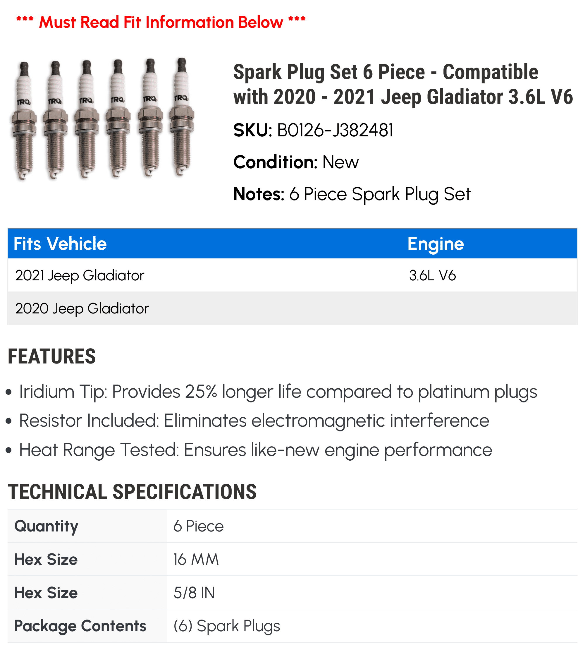 Spark Plug Set 6 Piece - Compatible with 2020 - 2021 Jeep Gladiator 3.6L V6