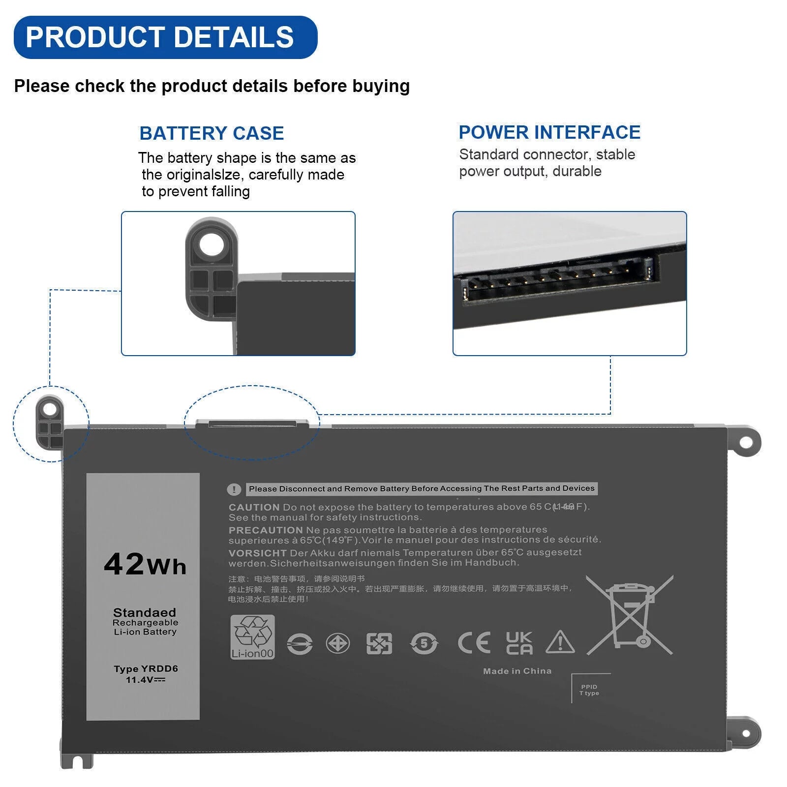 YRDD6 0YRDD6 Battery for Inspiron 3582 3593 3793 5493 5584 5593 5480 5590 5594