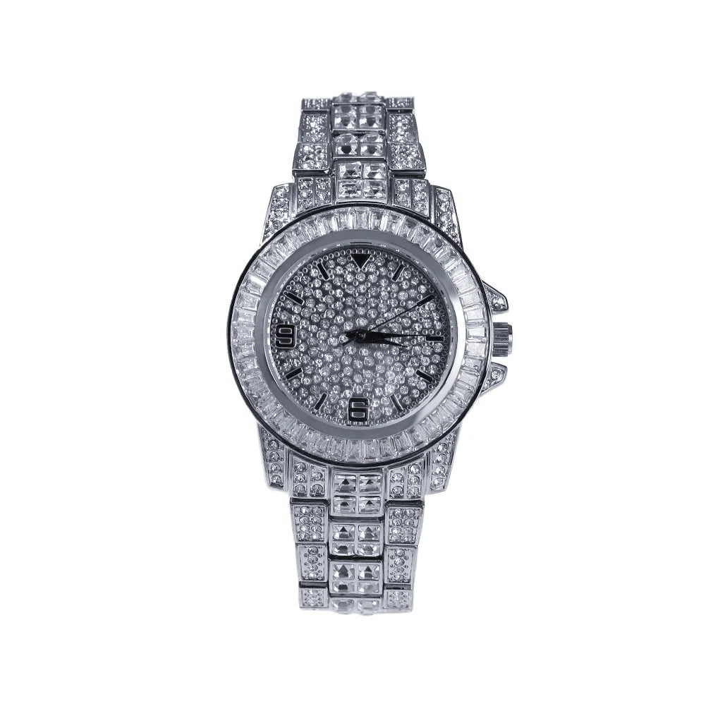 Fully Iced Out Simulated Diamond Bling Stainless Steel Hip Hop White Gold Finish Men Adjustable Size Band Custom Luxury Rapper Quartz Watch