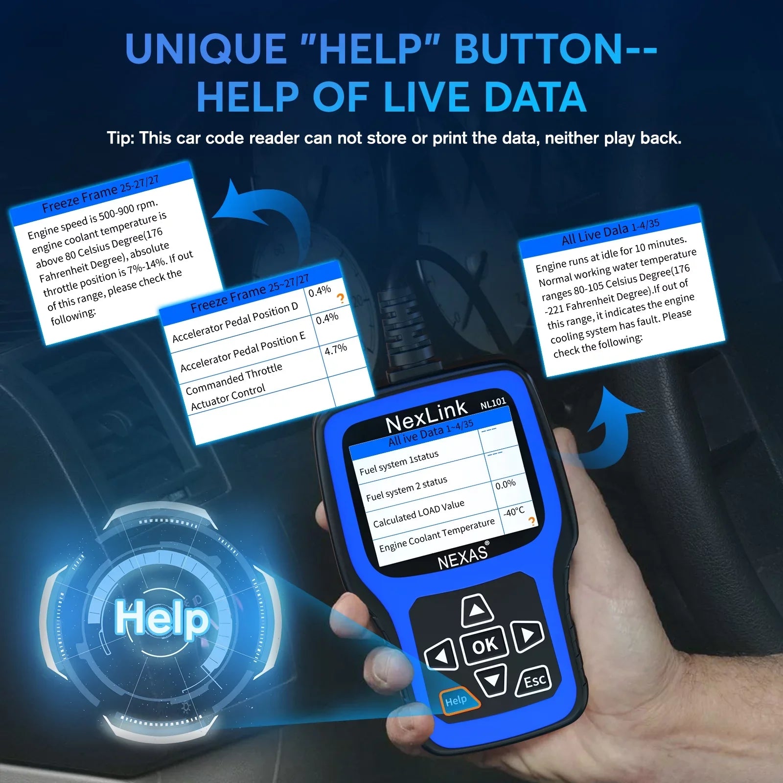 NEXAS NL101 OBD2 Scanner Check Engine Light Car Battery Tester Car Scanner Auto Code Reader Full OBDII Functions Check Engine Read Clear Codes Automotive Scanner OBDII Diagnostic Tool