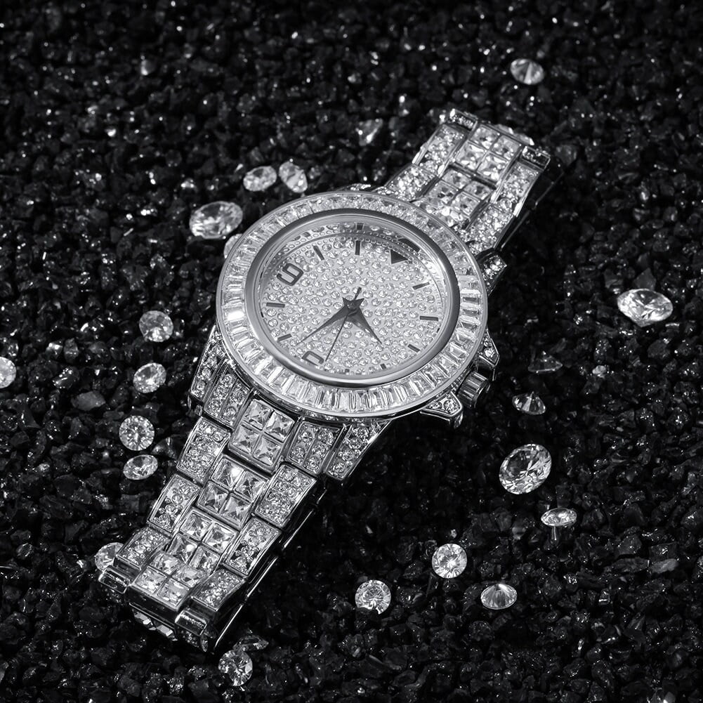 Fully Iced Out Simulated Diamond Bling Stainless Steel Hip Hop White Gold Finish Men Adjustable Size Band Custom Luxury Rapper Quartz Watch