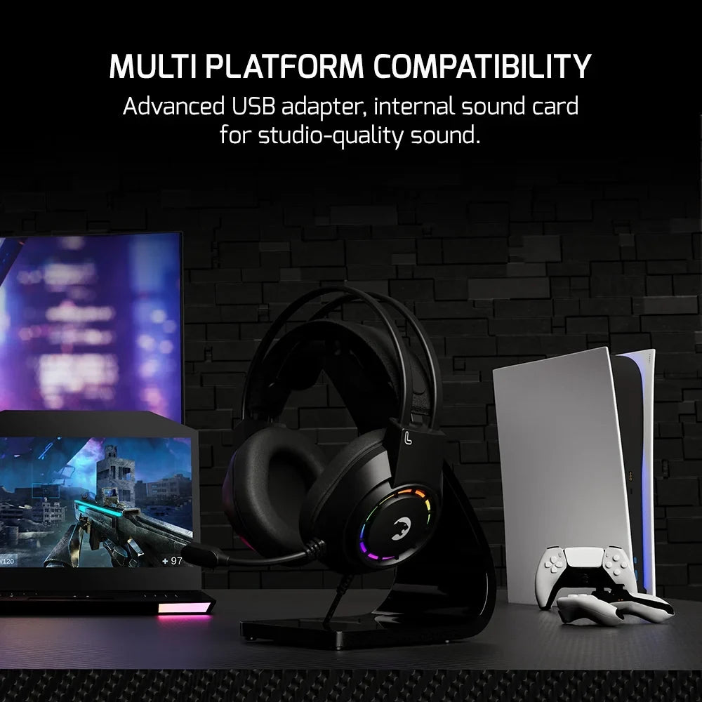 GAMEPOWER Voldon USB Gaming Headset - 7.1 Virtual Surround Sound, Wired Led Headphones with 50MM Drivers, Comfort Design, 360 Spatial Audio, Noise Cancelling Mic for PC, PS4, PS5, Playstation, Black