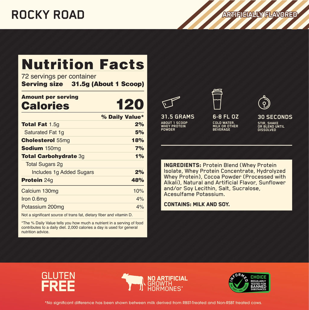 Optimum Nutrition, Gold Standard 100% Whey Protein Powder, Rocky Road, 5 lb, 72 Servings