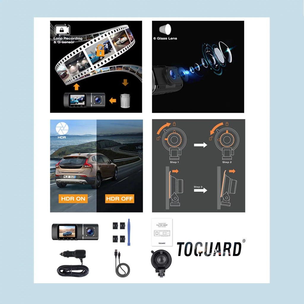 Toguard Dual Dash Cam with IR Night Vision, FHD 1080P Front and 720P Inside Cabin Uber Dash Camera, 1.5 inch LCD Screen