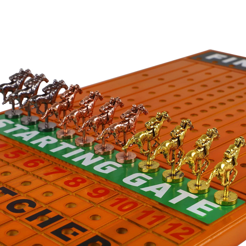 Horse Race Board Game Racing Game Thickened Pine with 11 Luxurious Durable Classic Metal Horses with 4 dice and 2 Boxes of Cards Across Finish Line Horse Racing Game