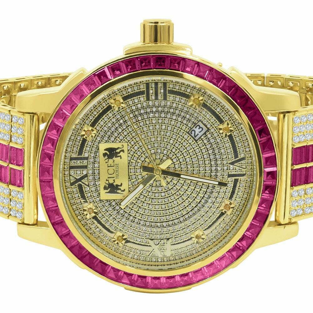 Pink Tourmaline Mens Real Diamond Dial Stainless Steel Custom Bezel Gold Tone Watch