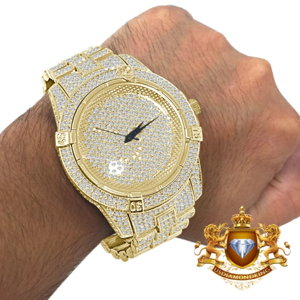 Men's Fully Bling Yellow Gold Finish Techno Pave Simulated Crystal Diamond Watch