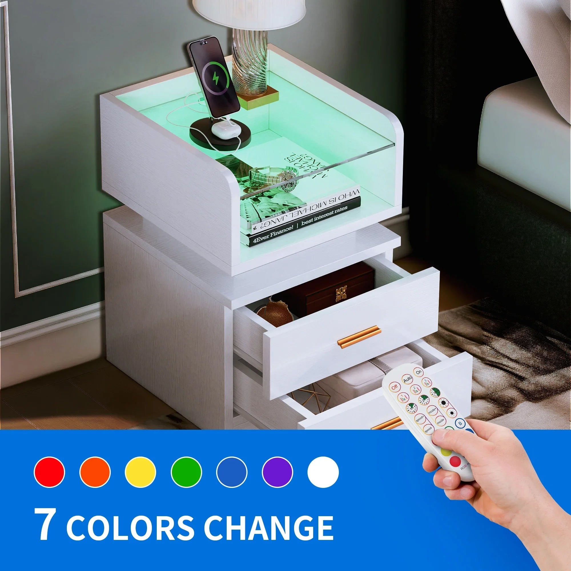 Dextrus LED Nightstand with Adjustable RGB LED, Modern End Side Table with Charging Station, White