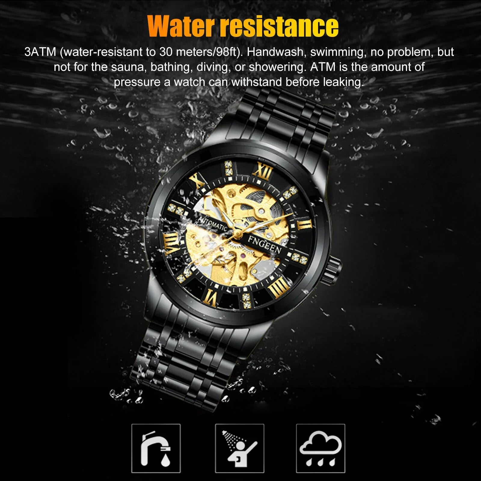 FNGEEN Men's Automatic Mechanical Stainless Steel Retro Luxury Hollow Dial Watch