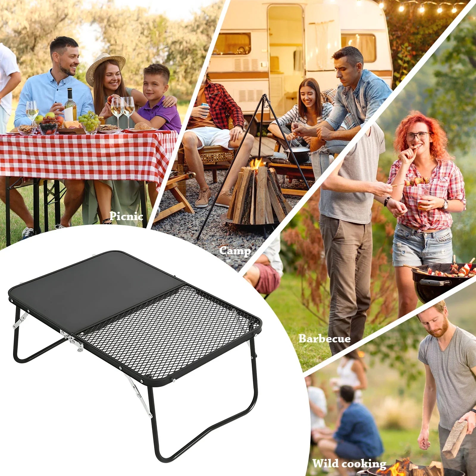 Portable Camping Table, Cutting Board and Table 2-in-1 Folding Campfire Grill for Outdoor Barbecue, Picnic, Fishing,Camping.