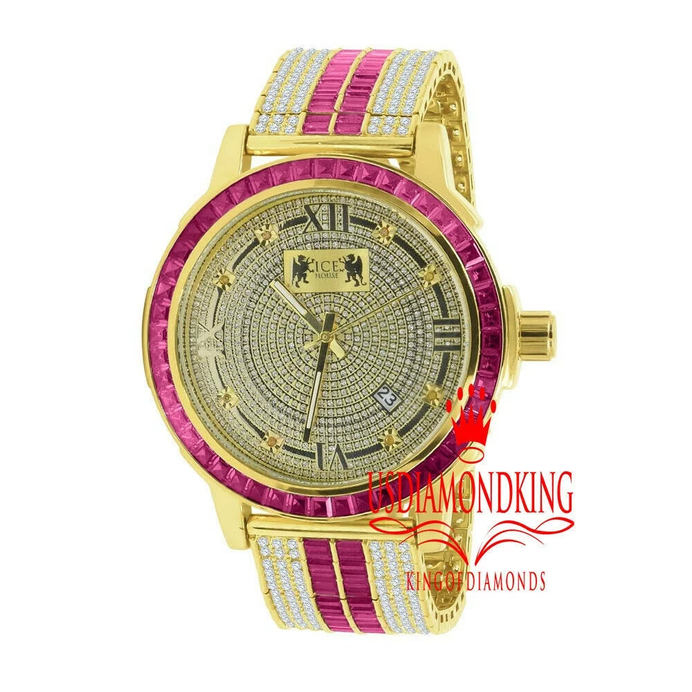 Pink Tourmaline Mens Real Diamond Dial Stainless Steel Custom Bezel Gold Tone Watch