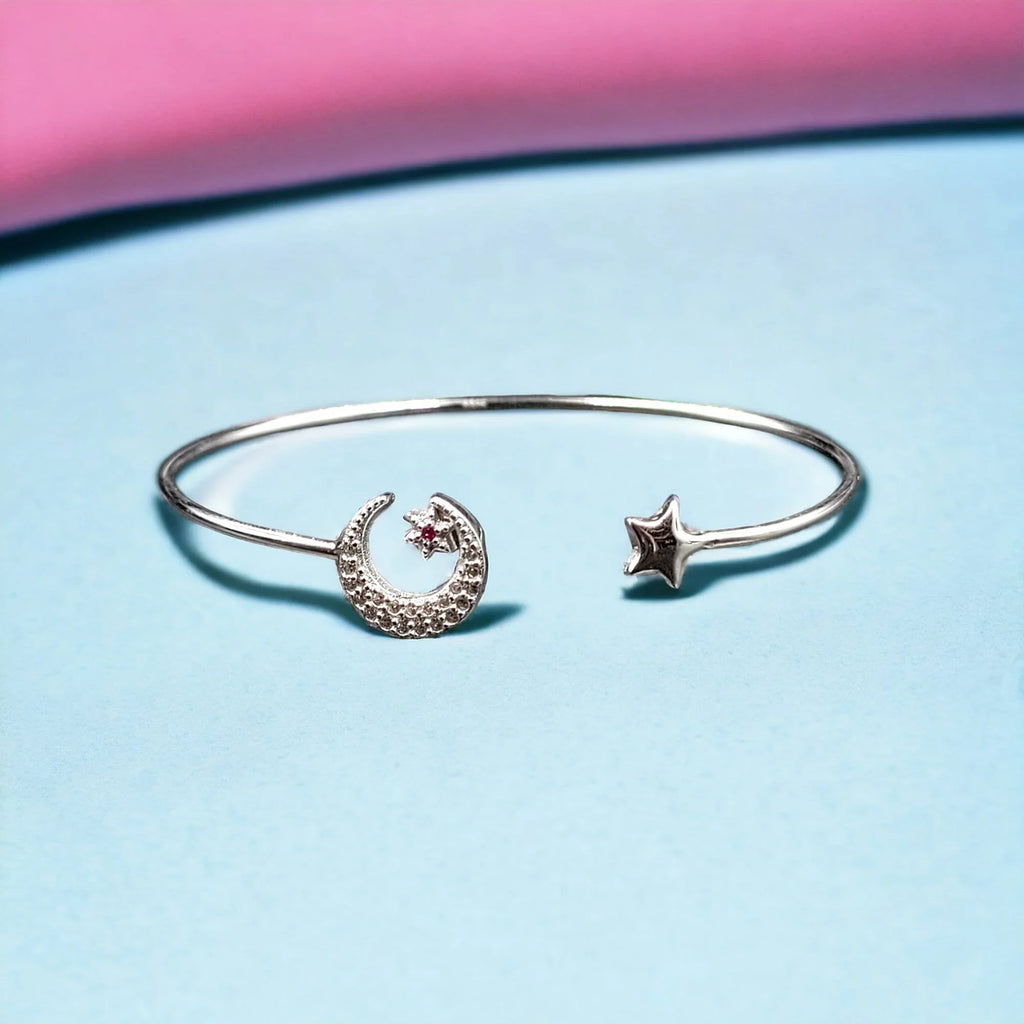 CZ Moon and Star Solid Silver Open ended cuff style Celesticle jewelry Handmade Kada Adjustable Bracelet Best Gift idea for Girls