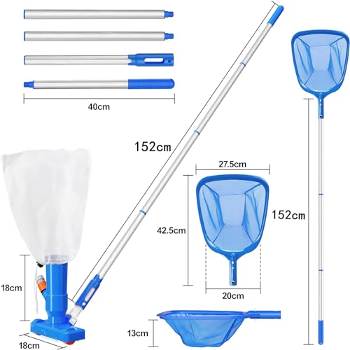 Upgraded Handheld Portable Pool Vacuum Cleaner with Pool Skimmer Net, Swimming Pool Cleaner Kit, 4 Section Poles of 60" Pool Vacuum Jet Cleaner for Above Ground Pool Pond Spa Fountains Hot Tub