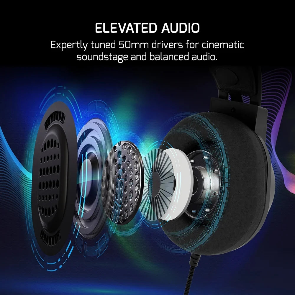 GAMEPOWER Voldon USB Gaming Headset - 7.1 Virtual Surround Sound, Wired Led Headphones with 50MM Drivers, Comfort Design, 360 Spatial Audio, Noise Cancelling Mic for PC, PS4, PS5, Playstation, Black