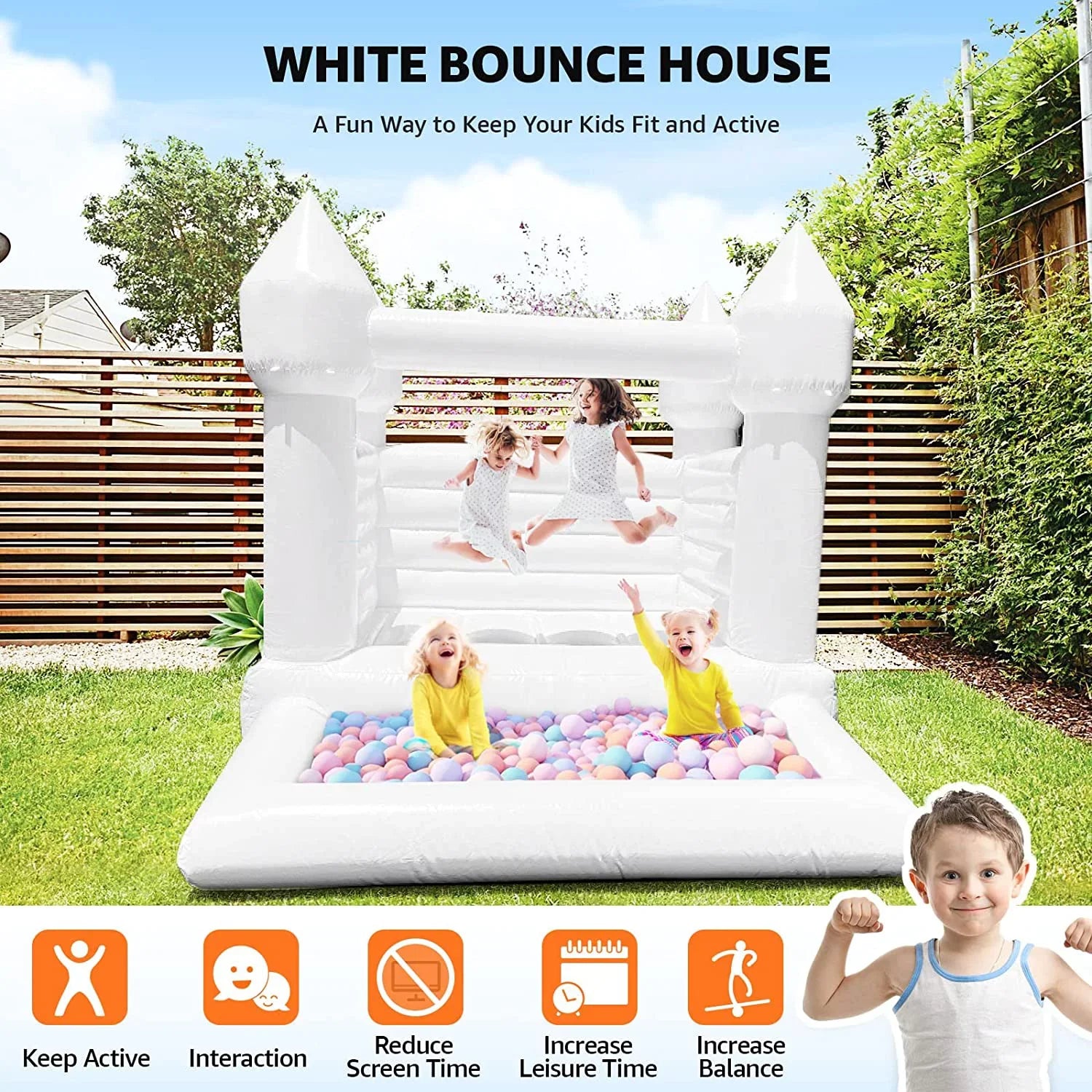 Connsann White Bounce House Commericial Grade PVC Jump Castle with Blower & Ball Pit for Kids Outdoor Indoor Party